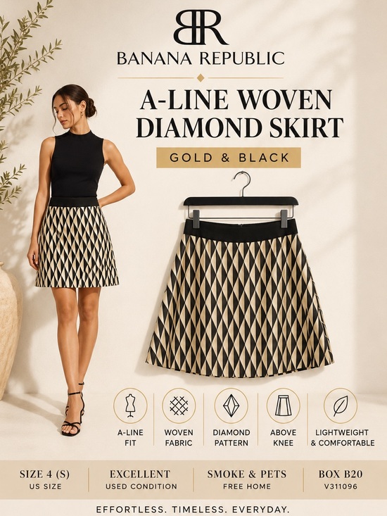 Banana Republic Dresses & Skirts - Banana Republic Gold Black A-Line Woven Diamond Skirt Size 4 Small EUC